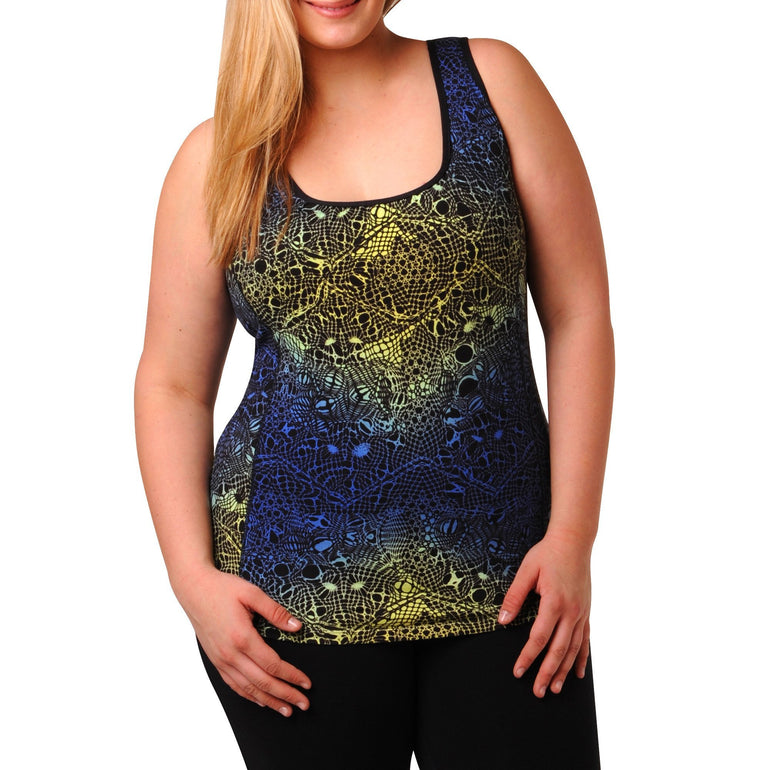 Jocelyn Print Tank w/ Bra - Rainbeau Curves, 14/16 / Blue Lace, activewear, athleisure, fitness, workout, gym, performance, womens, ladies, plus size, curvy, full figured, spandex, cotton, polyester - 4